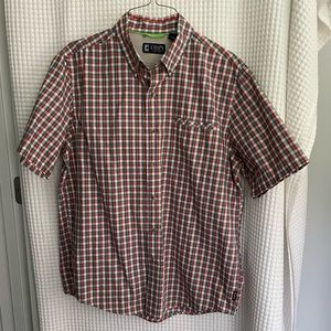 CHAPS Men’s red, white and blue plaid shirt. Size L.